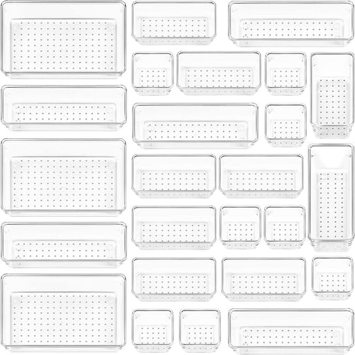 25-Piece Clear Plastic Drawer Organizer Set - Versatile Storage Bins for Bathroom, Vanity, Makeup, Bedroom, Kitchen Utensils, and Office Supplies