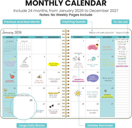 2026-2027 Monthly Planner - 24-Month Calendar (January 2026 - December 2027), 7" x 10", Ideal for School, Office, and Home Organization - Green